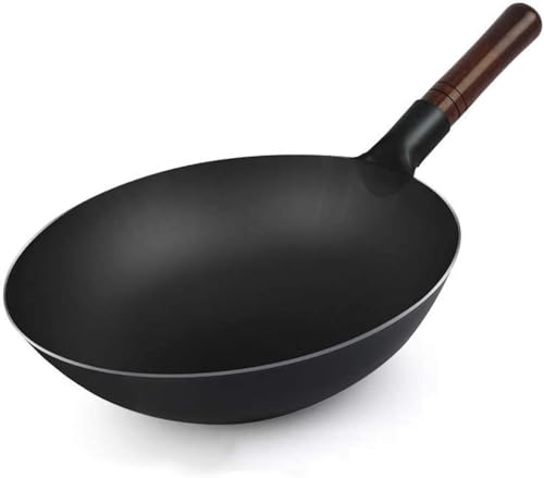 OOMRNV Padella per Saltare in Padella in Ferro battuto martellato a Mano con Pala in Ferro, Wok Tradizionale a Fondo Tondo Pre-stagionato, Wok per Cucina Asiatica, Senza Orecchie, 32 cm (36 cm)