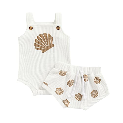 Newborn Baby Girl Summer Outfits Ribbed Sleeveless Romper Bodysuit Top and Ruffle Shorts Headband Clothes Sets (White Shell, 6-12 Months)