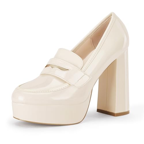 Image of Coutgo Womens Platform Heels Loafers Chunky High Heel Closed Toe Patent Leather Shoes Penny Loafer Business Dress Work Pumps