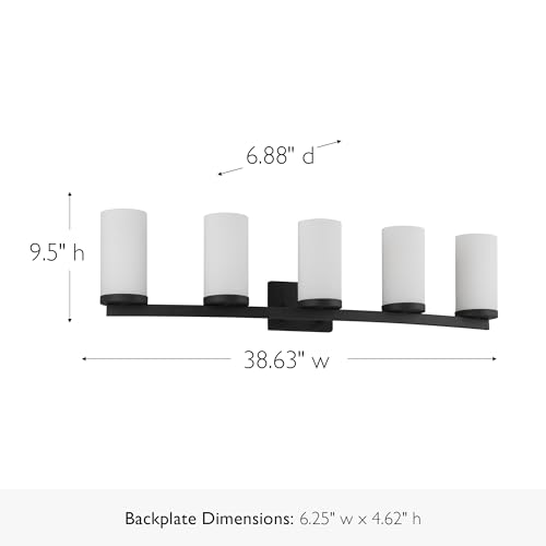 Image of Design House Desta Vanity Light, 5-Light, Curved Bar Design, Frosted Glass Glow, Dimmable, Up /Down Mountable, E26 Socket, Black, 38.6 in L x 6.9 in W x 9.5 in H,589176-BLK