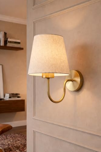 Image of Elegant Wall Lamp with Fabric Shade & Gold Metal | E-27 Holder Base and Bulb | Classic Indoor Wall Lamp for Bedroom, Living Room & Hallway(Without Bulb).