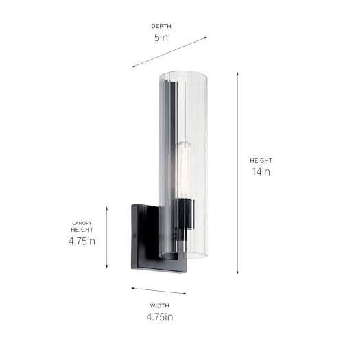Image of Kichler Jemsa 1 Light Wall Sconce, Modern Light with Clear Fluted Glass in Black for Bathroom, Powder Room, Sides of Fireplace, Down a Hallway, Kitchen, or Bedroom (14 inch x 4.75 inch), 55165BK