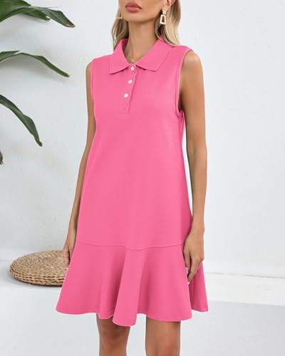 Image of YEXPINE Women's Sleeveless Polo Dress Ruffle Hem Lapel V Neck T-Shirt Summer Mini Dresses