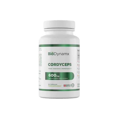 BioDynamx Cordyceps | 90 Cápsulas de Cordyceps - 600mg de Hongo Cordyceps por Cápsula | Suplemento Cordyceps Sinensis de Alta Potencia | Sin OGM, Gluten ni Alérgenos | Hecho en el RU