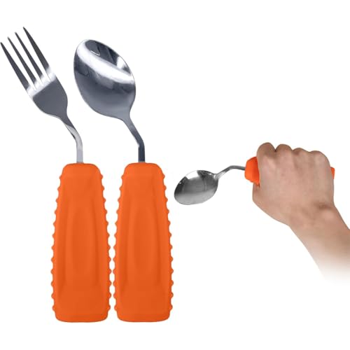 Image of Adaptive Utensils Angled Spoon and Fork for Hand Tremors Parkinsons,Weighted Utensils with Non-Slip Easy Grip Handles for Independent Eating (1pcs Spoon+1pcs Fork=2 pcs,Orange,Right Hand)