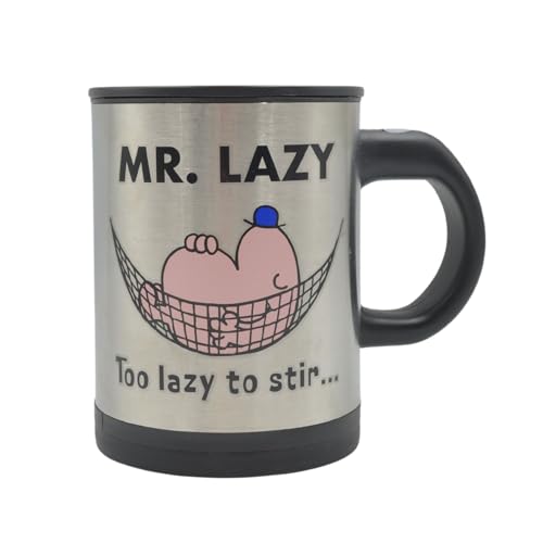 HOX Mr Men Mr Lazy Battery Powered Stainless Steel Self Stirring Mug, Silver