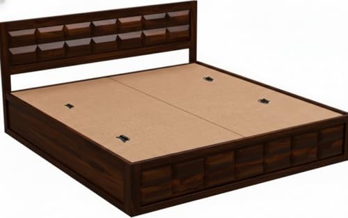 Image of Sheesham Wood Queen Size Bed with Storage Box | Wooden Box Bed Queen Size Double Cot Bed with Storage for Bedroom | Premium Barfi Design Headboard Bed for Living Room | Walnut Finish
