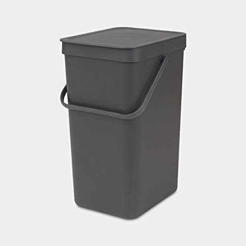 Brabantia Sort & Go Recycling Trash Can 4.2 Gallons (16L)(Gray), Space-Efficient Plastic Garbage Can with Handle, Removable and Stay-Open Lid, Easy to Clean Kitchen Bin without Nooks and Rims