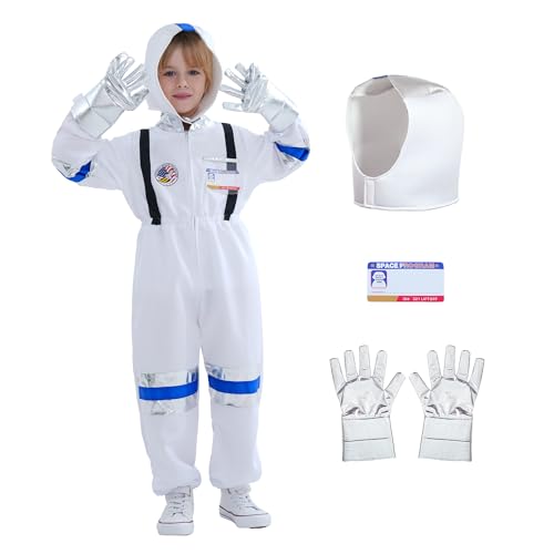 Lingway Toys Astronaut Costume for Kids with Helmet & Gloves Boys Space Jumpsuit Set Kids Halloween Adventure Costumes 5-7Years