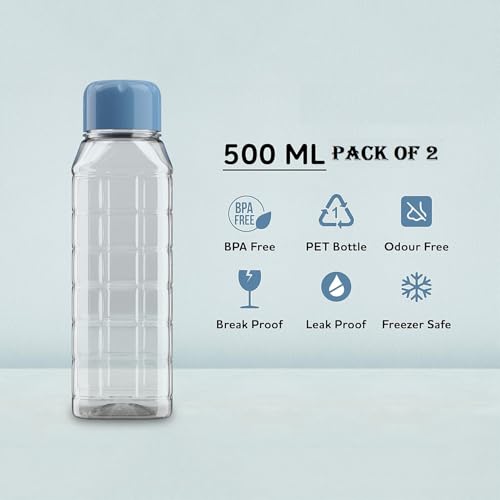 Image of Rectangle Bottle Small BPA Free Clear Plastic Water Bottle, PET Bottle For Home, Fridge, Office, Gym, Yoga, School, Travel (Transparent & Multicolor Cap) (Chess- Bottle - 500ml, Pack 2)
