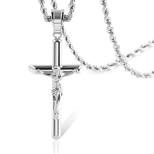 ALEXCRAFT Sterling Silver Plated Cross Necklace for Men Silver Cross