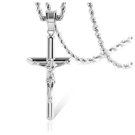 ALEXCRAFT Collar de Cruz de Plata Hombre y Mujer, Cruz de Jesucristo, Cadena de Cruz de 55 cm para Hombre y Mujer