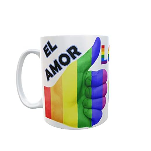 Siempre en tu mano Taza de cerámica para Regalo Orgullo LGTB.El amor nunca se equivoca. Like y corazón arco iris.