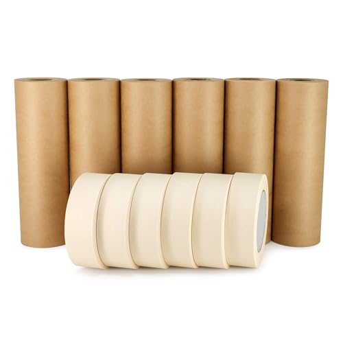 IDL Packaging Masking Paper and Tape Set - 9" x 60 Yards Brown Masking Paper (6 Rolls) and 1.41" x 60 Yards White Tape (6 Rolls) - Masking Kit for Painting Projects - Surface Protection