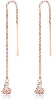 DTPsilver® SMALL 925 Sterling Silver, Yellow or Rose Gold Plated Pull Through/Thread Style Drop Chain Earrings and Small Celtic Ball Knot - Length: 75 mm - Knot Diameter: 4 mm