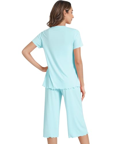 Image of NACHILA Pajamas Set for Women-Viscose Made from Bamboo, Short Sleeve Sleepwear with Capri Pants Pajama V Neck Cool Pjs