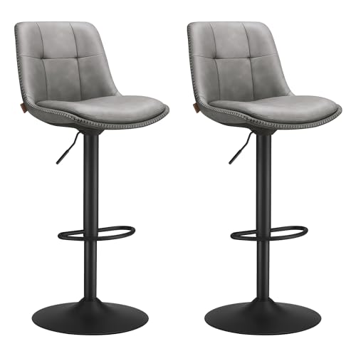 VASAGLE Barhocker 2er Set, Barstühle höhenverstellbar, drehbare Küchenhocker, gesteppter PU-Bezug, mit Rückenlehne und Fußstütze, Esszimmer, Theke, Stahl, taubengrau LJB095G01