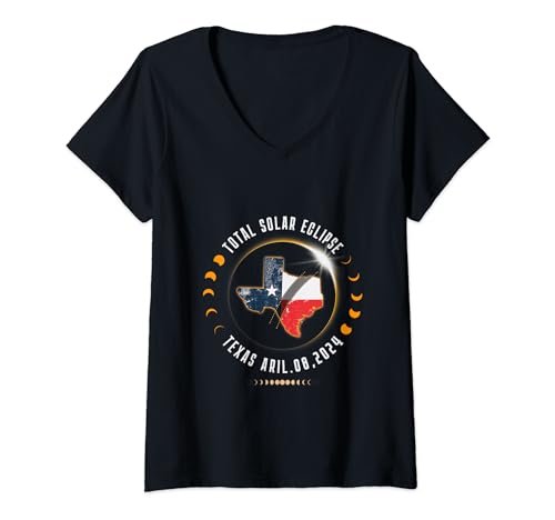 Femme Eclipse solaire deux fois dans une vie Texas 2024 Total Eclipse T-Shirt avec Col en V