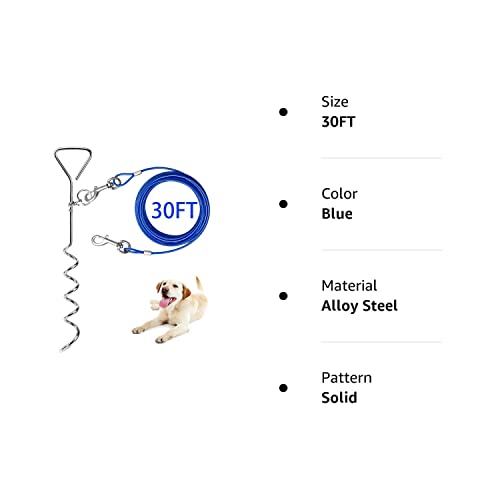 Dog Tie Out Cable And Stake, 30Ft Outside Dog Leash&Chain For Camping And Yard, 16'' Heavy Duty Anti Rust Spiral Stake For Medium-Large Dogs Up To 125 Lbs (30Ft, Blue) #TOP7