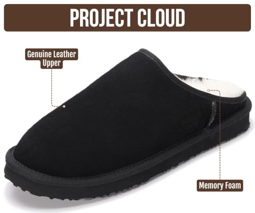 Image of Project Cloud Men's 100% Genuine Leather Shearling Memory Foam Slippers | Genuine Shearling Lining and Lightweight Non-Slip Indoor & Outdoor Wear Slippers for Men - Water-Resistant Mens Slippers