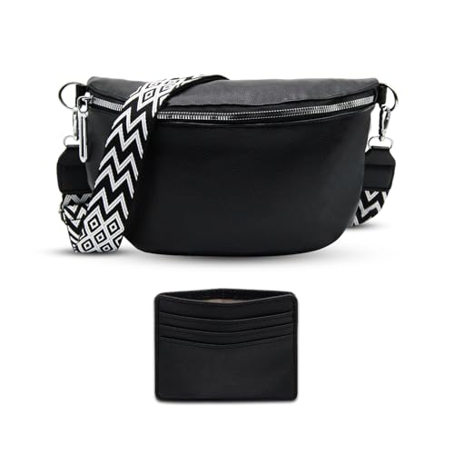 DOZNOZRI Bauchtasche Damen Leder Schwarz Klein - Stylische Crossbody Umhängetasche Mit 4 Fächern Und Kreditkartenhalter für Alltag, Reisen Und Einkaufen