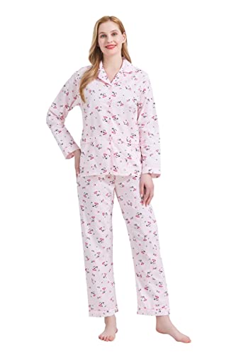 GLOBAL Pigiama Donna 100% Cotone Pigiami Due Pezzi da Donna Camicia da Notte Maniche Lunghe e Pantaloni Sleepwear con Bottoni per Tutte Le Stagioni Fiore Rosa L