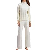 LCDIUDIU Conjunto De Dos Piezas De Punto Para Mujer, Suéter Beige Cuello Alto Con Rayas Trenzadas Y Pantalón Recto Con Dobladillo A Juego. Conjunto Elegante, Cálido Y Cómodo. Talla Xs.