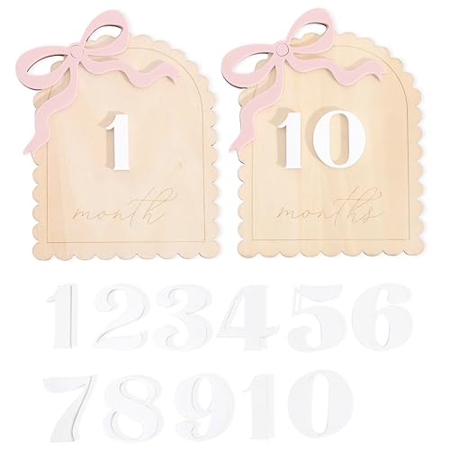 Image of 2 Pcs Baby Monthly Milestone Cards - Wooden Photo Props for Newborn, First Year Keepsake (0-12 Months) - New Mom Present, Boy Girl Announcement Sign (Pink Bow)