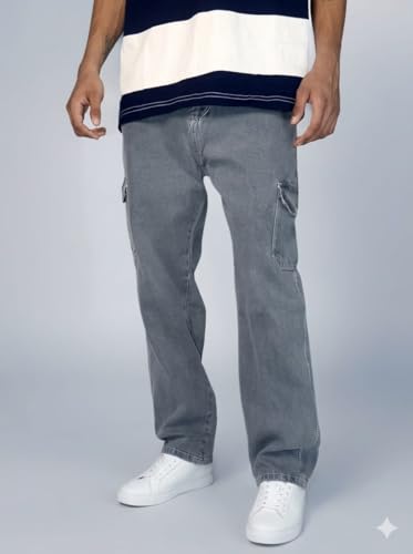 Image of Men's Grey Cargo Denim Jeans, 6 Pocket Straight Fit, Casual Wear