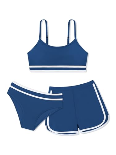 Image of Girls Swimsuit 3 Piece Bathing Suit Printed Sport Bikini Set with Shorts Summer Beach Swimwear for Teen Girls 9-16T