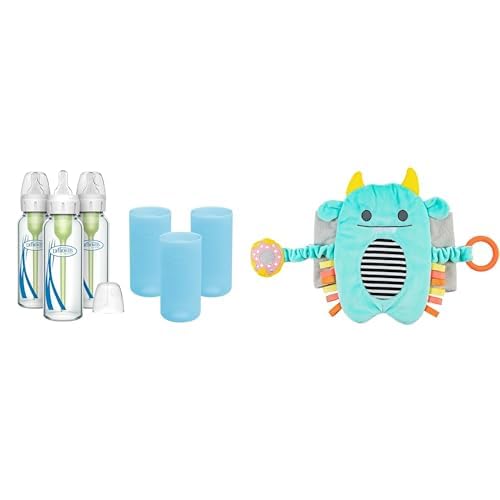 Dr. Brown's Anti-Colic Options+ Narrow Glass Baby Bottles 8oz and Level 1 Slow Flow Nipple, 3-Pack 0m+ and Blue Silicone Sleeves and Gripebelt Heated Belly Band, Blue Monster