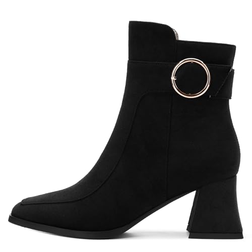 Women's Black Square Toe Mid Heel Ankle Booties with Side Zipper, Fashion Buckle Strap Ankle Boots for Women2