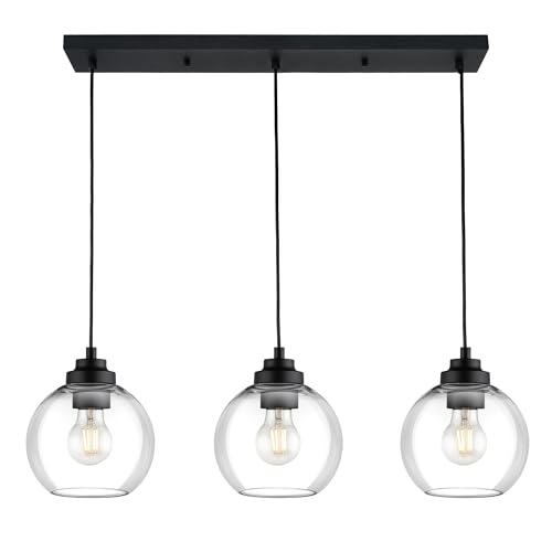 JAZAVA Black Island Light, 3-Light Linear Chandelier with Clear Glass, Globe Pendant Light Fixture for Dining Room Kitchen Island Living Room Pool Table, ZCPL101BK-3S