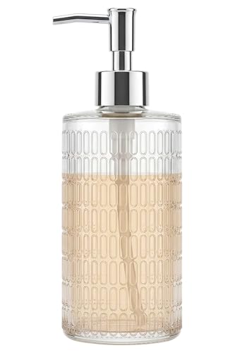 Image of Fluted Glass Hand Soap Dispenser with Slim Silver Pump for Bathroom, 17oz | Vintage Art Deco Reeded Glass, Refillable Clear Ribbed Bottle, Rust-Proof Pump, for Kitchen Countertop