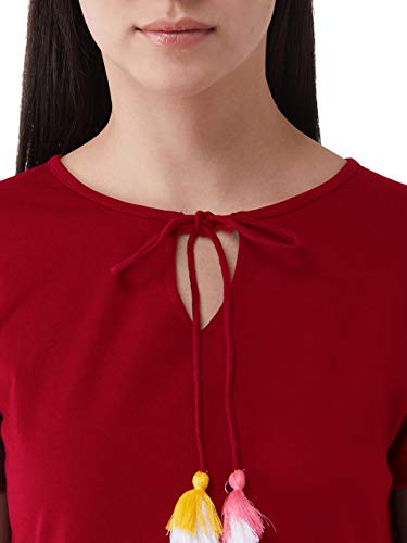 Image of Miss Chase Women's Maroon Round Neck Short Sleeve Solid Comfortable Regular Length Dress with Pockets