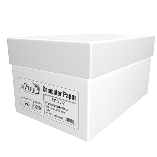 BIZTEK Continuous Carbonless Computer Paper, 12 x 8 1/2, Blank Left and Right Perforated, 15lb., 3-Part, W/W/W - All Sheets are White - 1,200 sets