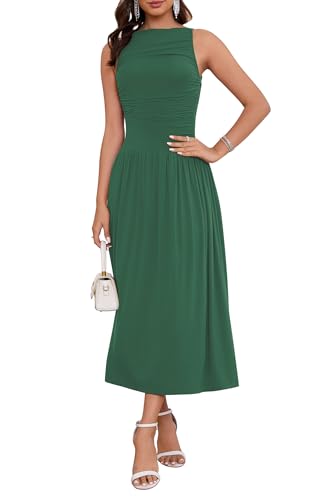 Image of Womens Summer Casual Midi Maxi Dress 2026 Sleeveless Ruched A Line Flowy Cocktail Wedding Guest Beach Long Sundress