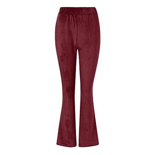 Heavkin Women's Velvet Elastic Waist Flare Leg Palazzo Long Pants Solid Color Pinstripe Trousers For Women Casual #TOP1