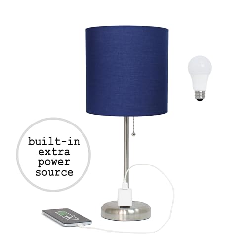 Simple Designs LT2024-NAV Brushed Steel Stick Table Desk Lamp with Charging Outlet and Drum Fabric Shade, Navy Blue Shade - Thumbnail 2