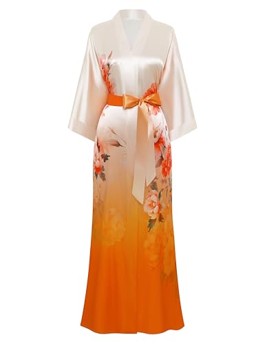 PRODESIGN Kimono Robes for Women - Long Satin Sleepwear Silky Nightgown Bathrobe Gradient Floral Dressing Gown Blouse Robe