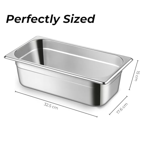 Image of HS Stainless Steel GN Pan Third Size 1 /3 150mm Depth 5.5L Capacity Anti-Jam Design 100% BIS Certified Raw Material European Standard Made in India 32.5 x 17.6 x 15 cm Professional Kitchen Grade