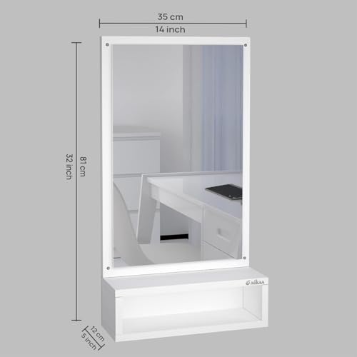 Image of Anikaa Jinny Decorative Wall Hanging Mirrors with Shelf for Dressing Table Bedroom Living Room (White) Matte Finish, Unframed, Engineered Wood, Rectangular