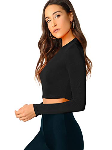 Verdusa Women's Casual Slim Fitted Basic Long Sleeve Solid Crop Tee Top Black S