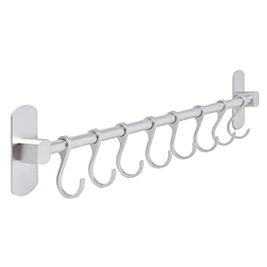 Joeji’s Kitchen Keukengereihouder, zilverkleurig, zelfklevend, keukengereihouder, 40 cm, keukenstang met 8 haken, organizer en keukengereihouder of gereedschap voor keuken, badkamer of garage