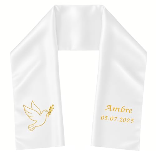 Atelier Fildor Étole de Baptême Bébé/Enfant Personnalisée Prénom Date - Broderie Satin Blanc Fait Main 85x15 cm - Cérémonie Religieuse - Cadeau Filleul Filleule (Colombe)