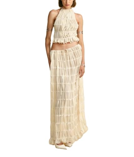 Image of Women Y2K Skirt Set Outfits Strapless Crop Top Bodycon Midi Skirt Dress Sexy 2 Piece Knit Outfits Skirt Summer