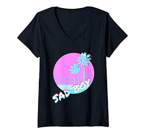 Womens Sad Boy Vaporwave Aesthetic 90s 80s Glitch Art V-Neck T-Shirt