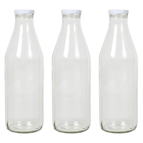 Acan Tradineur - Pack de 3 botellas de cristal para leche, bote para bebidas con tapa de rosca, batidos, zumos, licuados de verduras, salsas, frigorífico (Tapa blanca, 1 litro)