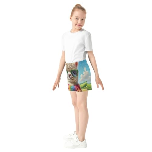 Girls Athletic Lounge Shorts Cool Alpaca Glasses Rainbow Print Comfy Pajama Summer Clothes for Teens Kids, X-Small4