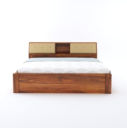 Image of TG Furniture Sheesham Wood Queen Size Bed with Storage | Wooden Double Bed with Hydraulic Storage for Bedroom & Hotel | Platform Cot Bed Palang | 78 X 60 Inch, Natural Finish